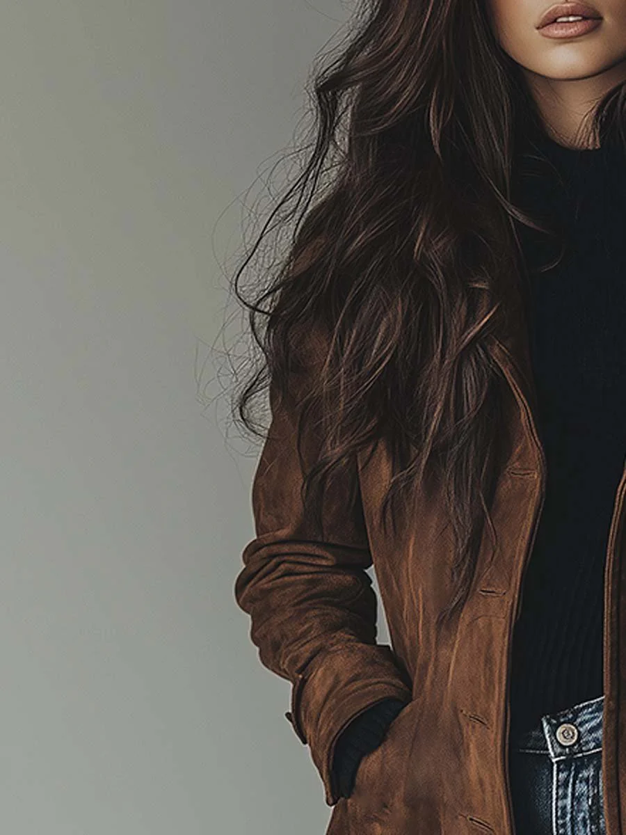 Sharon brown suede-look trench coat, side detail