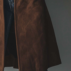 Sharon brown trench coat fabric close-up
