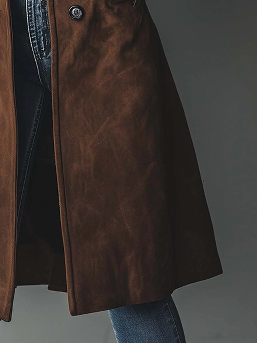 Sharon brown trench coat fabric close-up