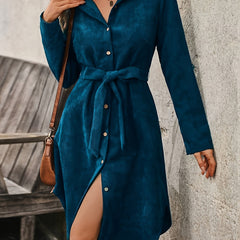 Caroline teal blue corduroy shirt dress with collar and button front