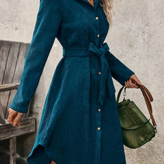 Caroline corduroy shirt dress with tie belt, detail view