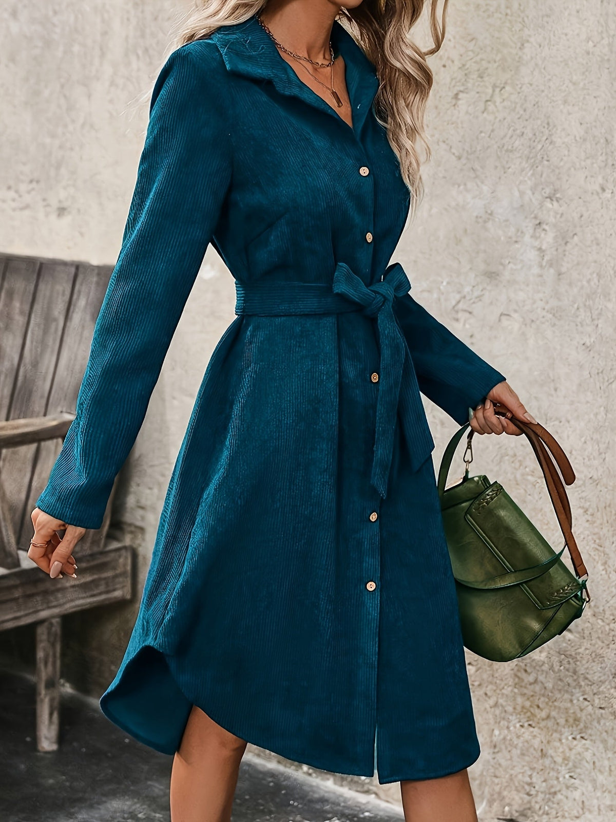 Caroline corduroy shirt dress with tie belt, detail view