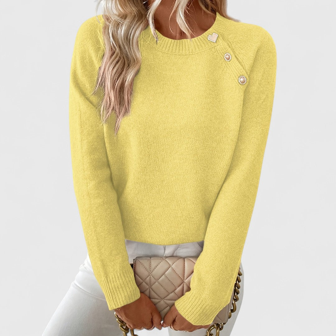 Eileen button-shoulder crew neck sweater in white, detail view