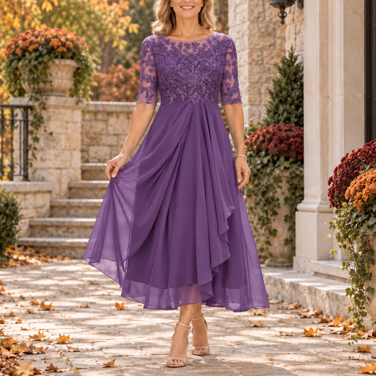 Rita lace bodice draped midi dress in purple