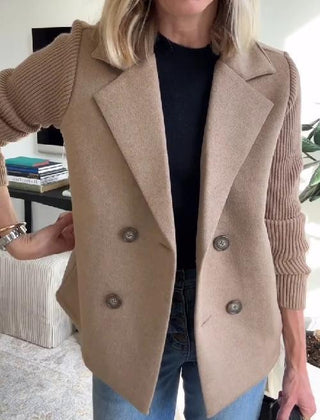 Arlene knit-sleeve double-breasted blazer in khaki, front view