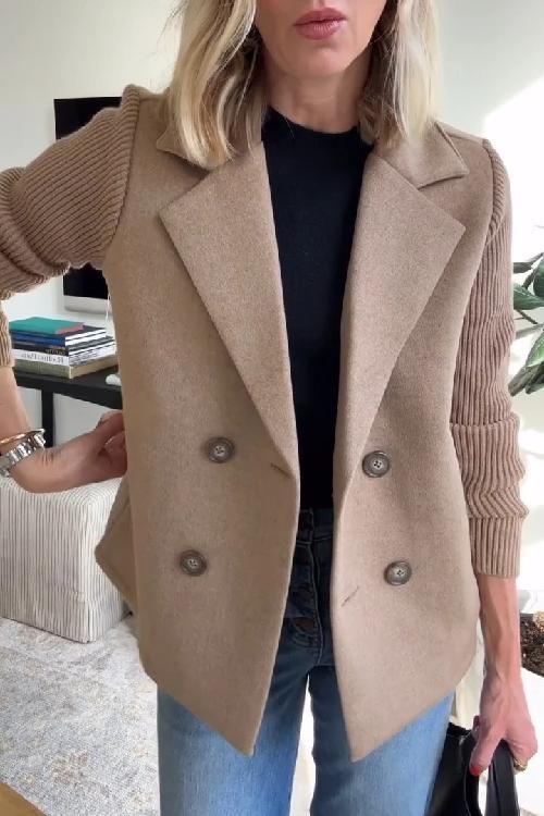 Arlene knit-sleeve double-breasted blazer in khaki, front view