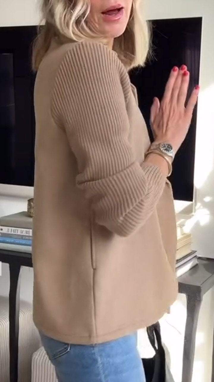 Arlene knit-sleeve double-breasted blazer in khaki, detail view