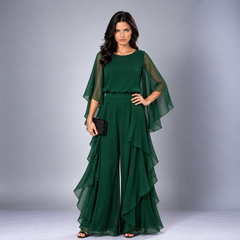 Annelise cape-sleeve ruffled skirt set in dark green