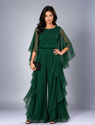 Annelise cape-sleeve ruffled skirt set in dark green