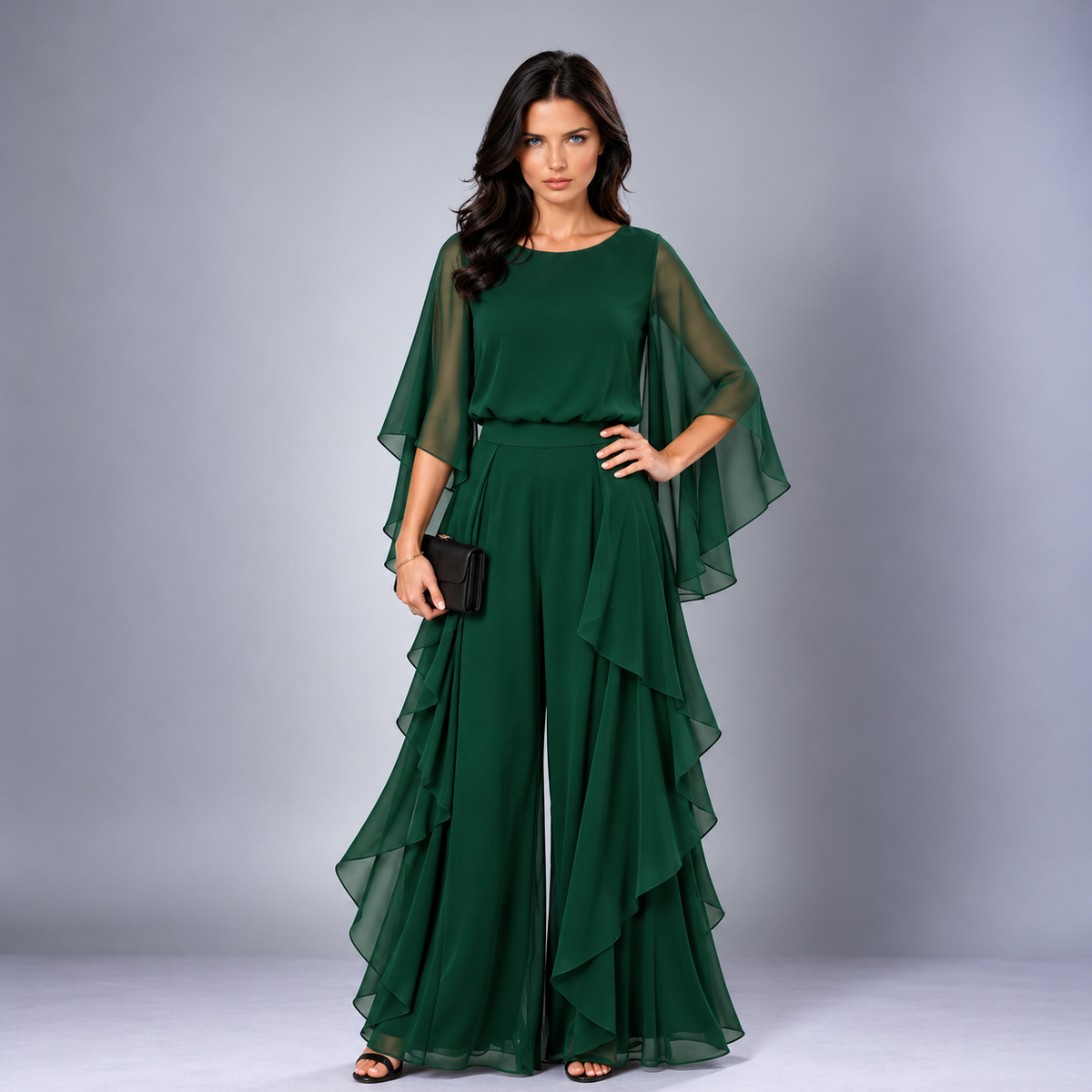 Annelise cape-sleeve ruffled skirt set in dark green