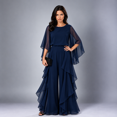 Annelise cape-sleeve ruffled skirt set in navy blue
