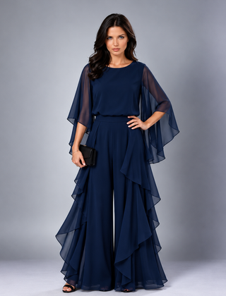 Annelise cape-sleeve ruffled skirt set in navy blue