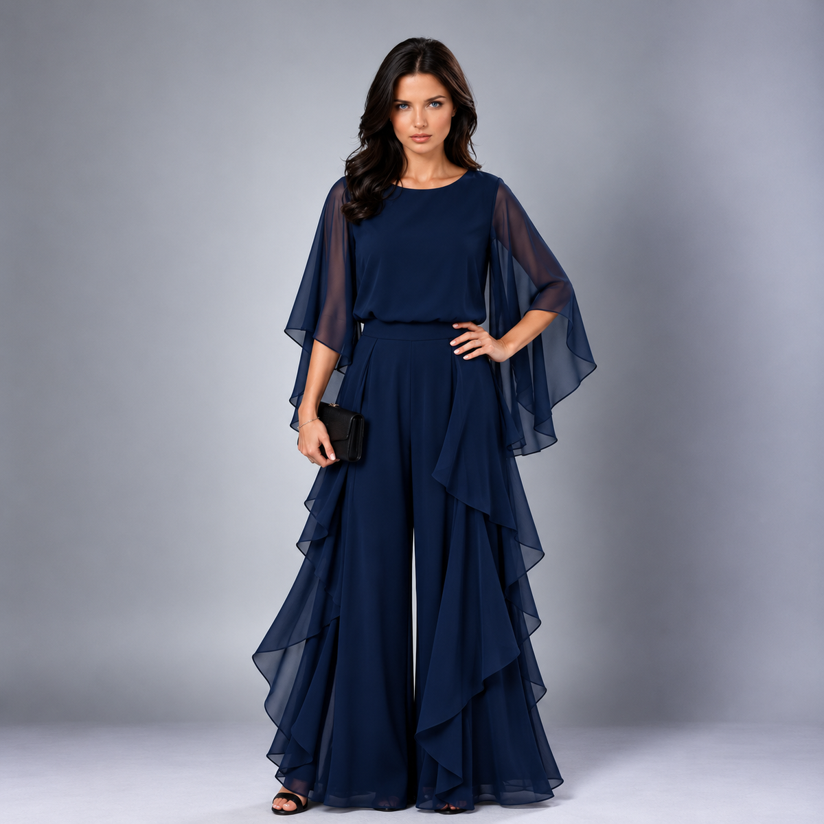 Annelise cape-sleeve ruffled skirt set in navy blue