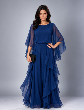 Annelise cape-sleeve ruffled skirt set in royal blue