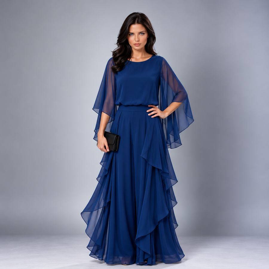 Annelise cape-sleeve ruffled skirt set in royal blue