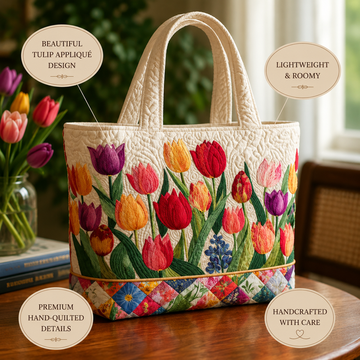 Quilted Tote Bag - Tulip Garden