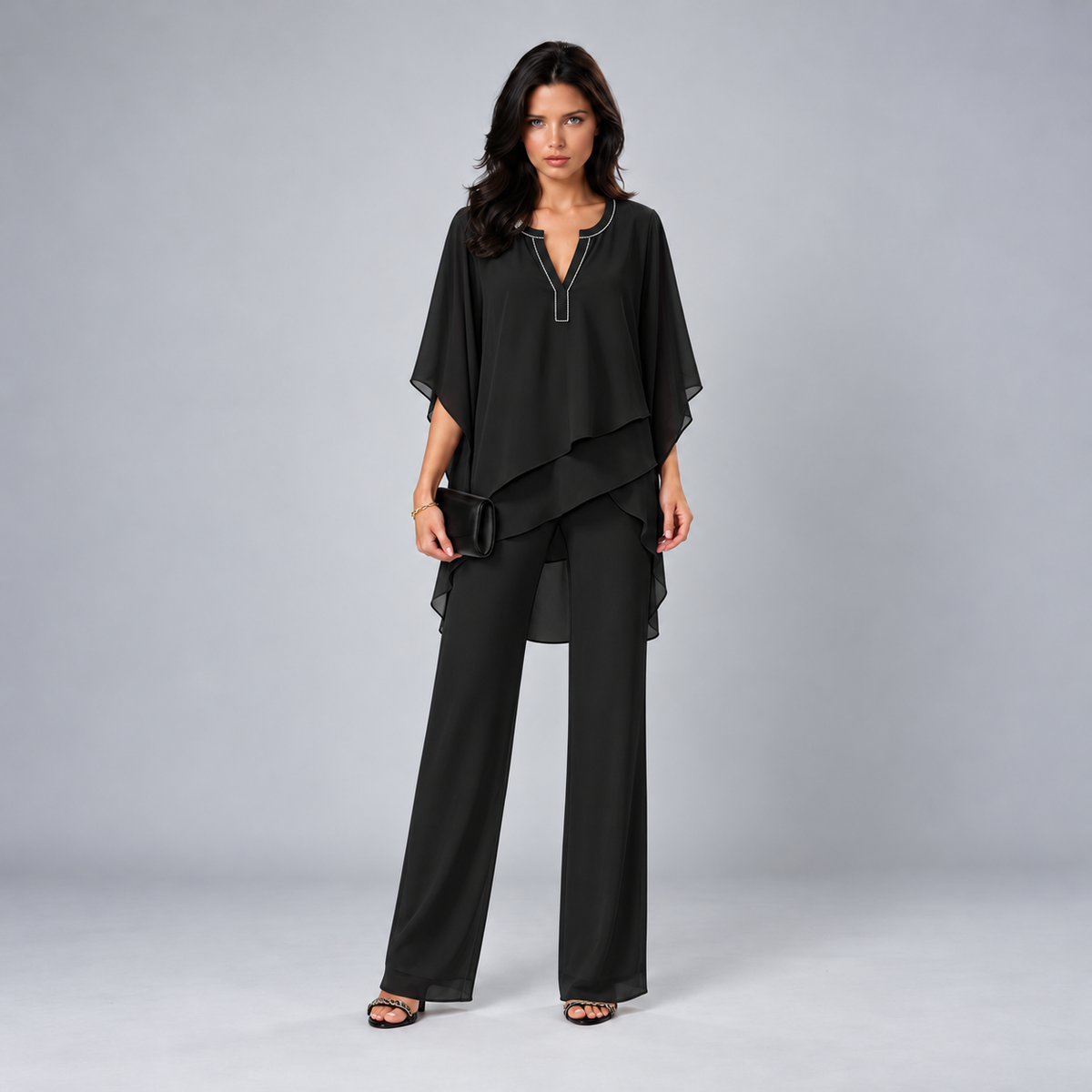 Cecilia layered chiffon two-piece set in black