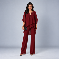Cecilia layered chiffon two-piece set in burgundy
