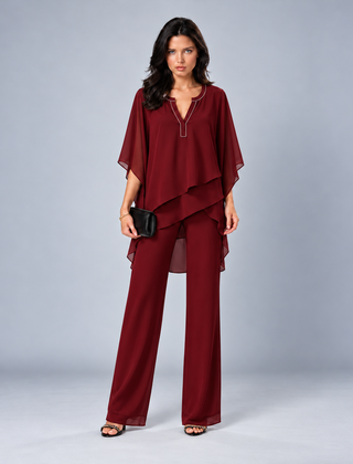 Cecilia layered chiffon two-piece set in burgundy