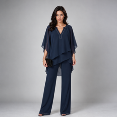 Cecilia layered chiffon two-piece set in navy blue