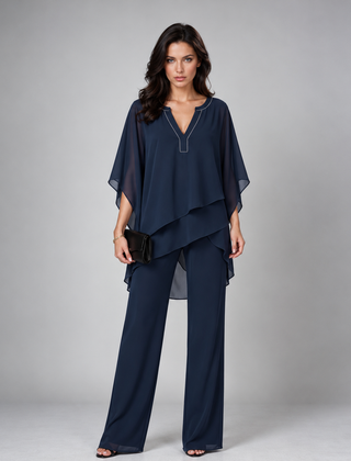 Cecilia layered chiffon two-piece set in navy blue