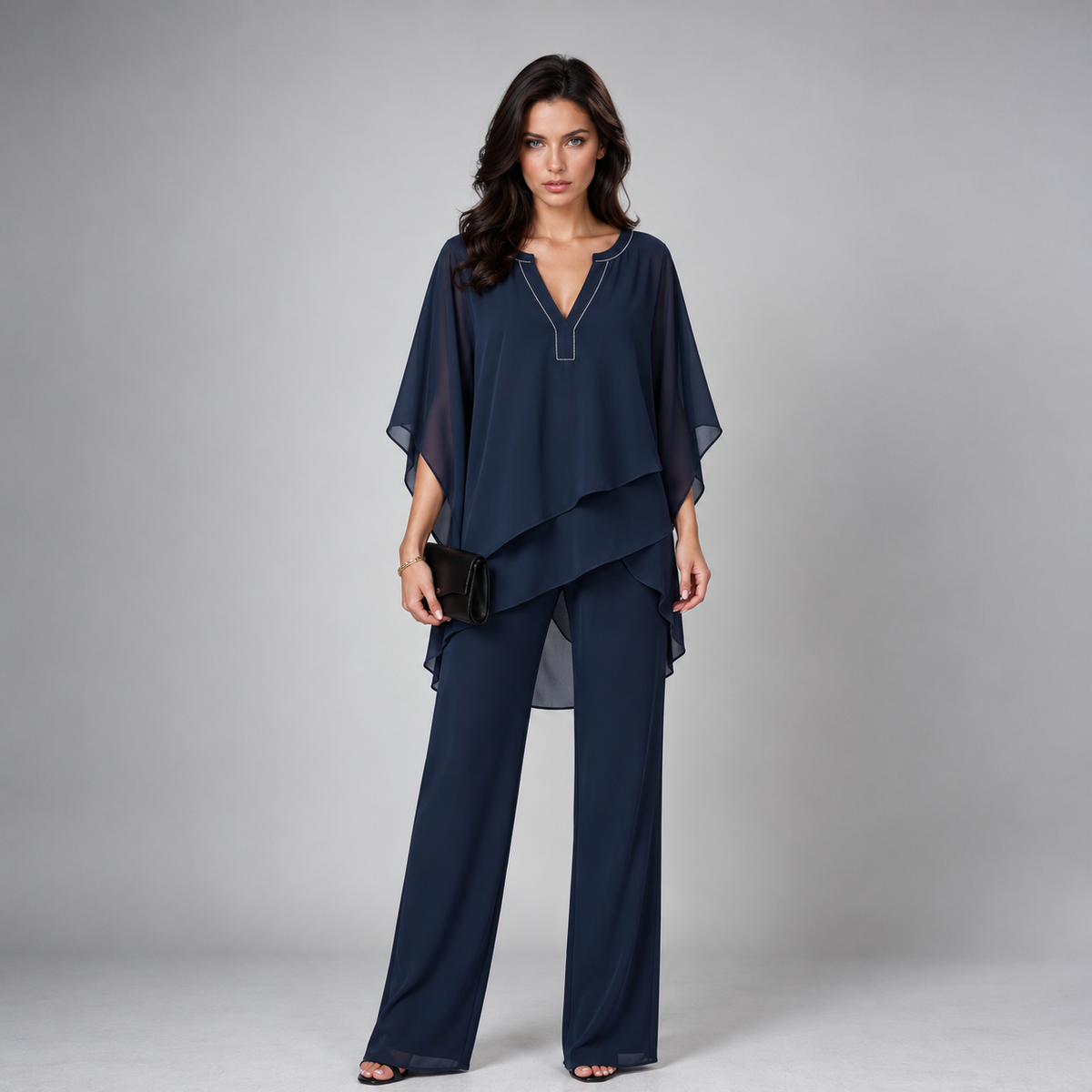 Cecilia layered chiffon two-piece set in navy blue