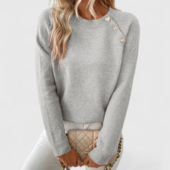 Eileen button-shoulder crew neck sweater in blue, detail view