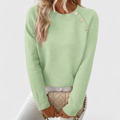 Eileen button-shoulder crew neck sweater in white, detail view