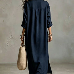 Margaret V-neck maxi shirt dress, full-length view
