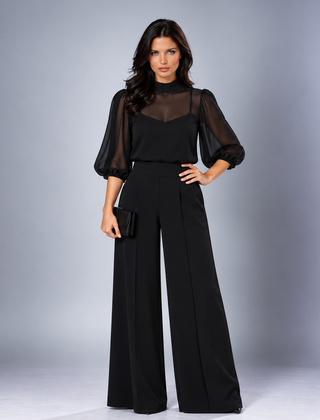 Elspeth sheer blouse three-piece pant set in black