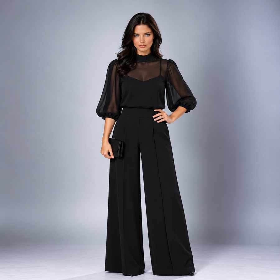 Elspeth sheer blouse three-piece pant set in black