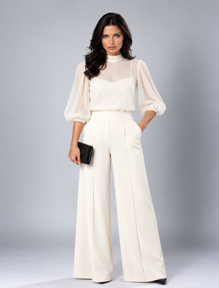 Elspeth sheer blouse three-piece pant set in ivory