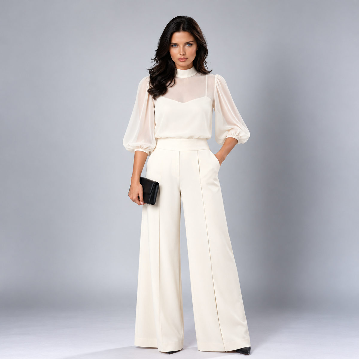Elspeth sheer blouse three-piece pant set in ivory