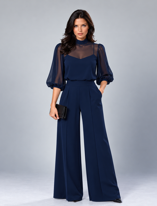 Elspeth sheer blouse three-piece pant set in navy blue
