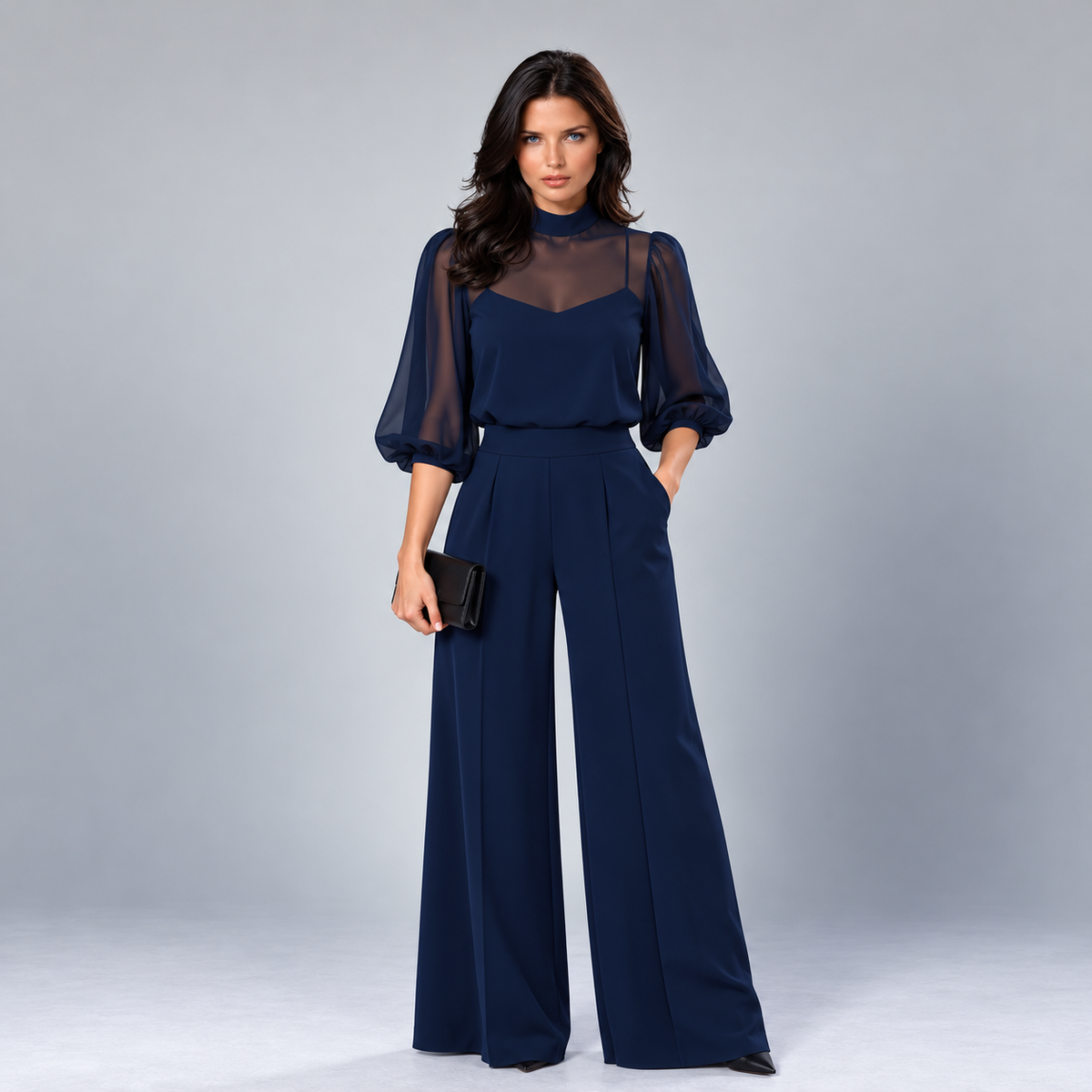 Elspeth sheer blouse three-piece pant set in navy blue