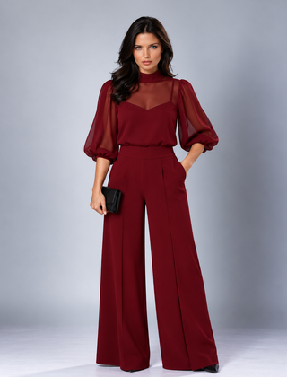 Elspeth sheer blouse three-piece pant set in red