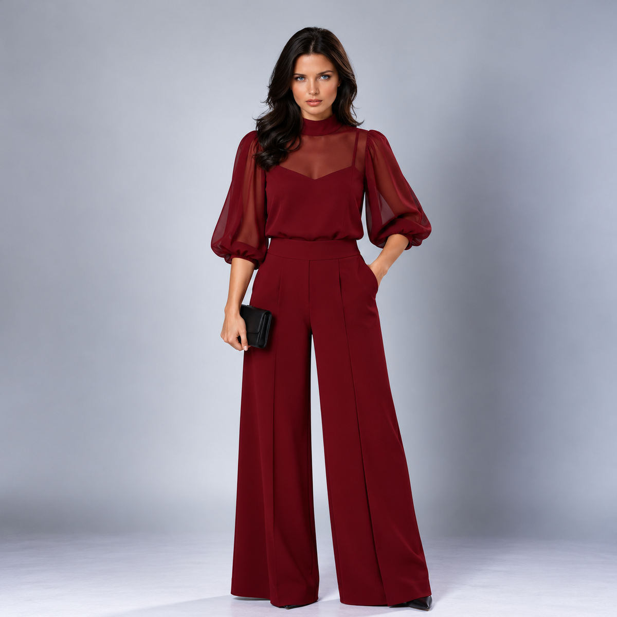 Elspeth sheer blouse three-piece pant set in red