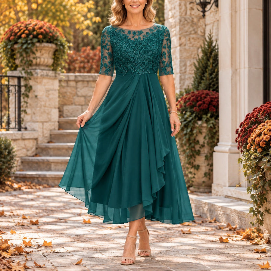 Denise lace bodice draped midi dress in emerald
