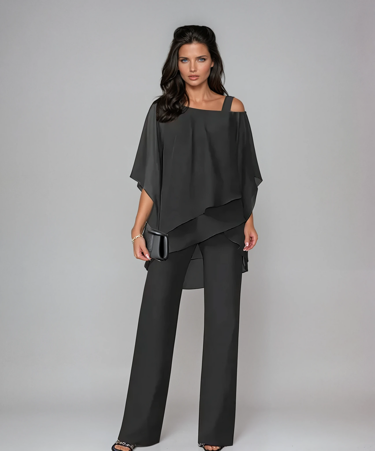Marianne asymmetric layered two-piece set in black