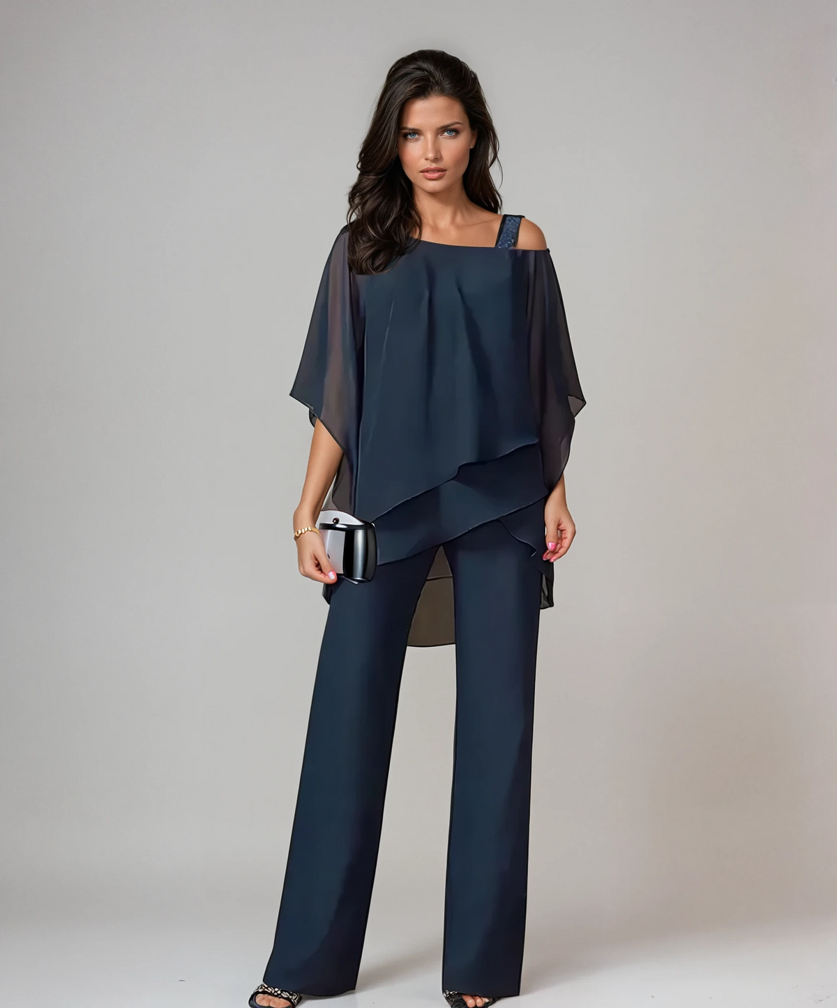 Marianne asymmetric layered two-piece set in navy blue