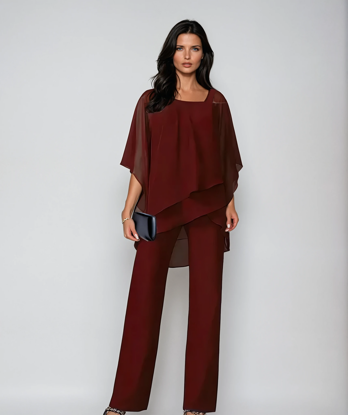 Marianne asymmetric layered two-piece set in burgundy