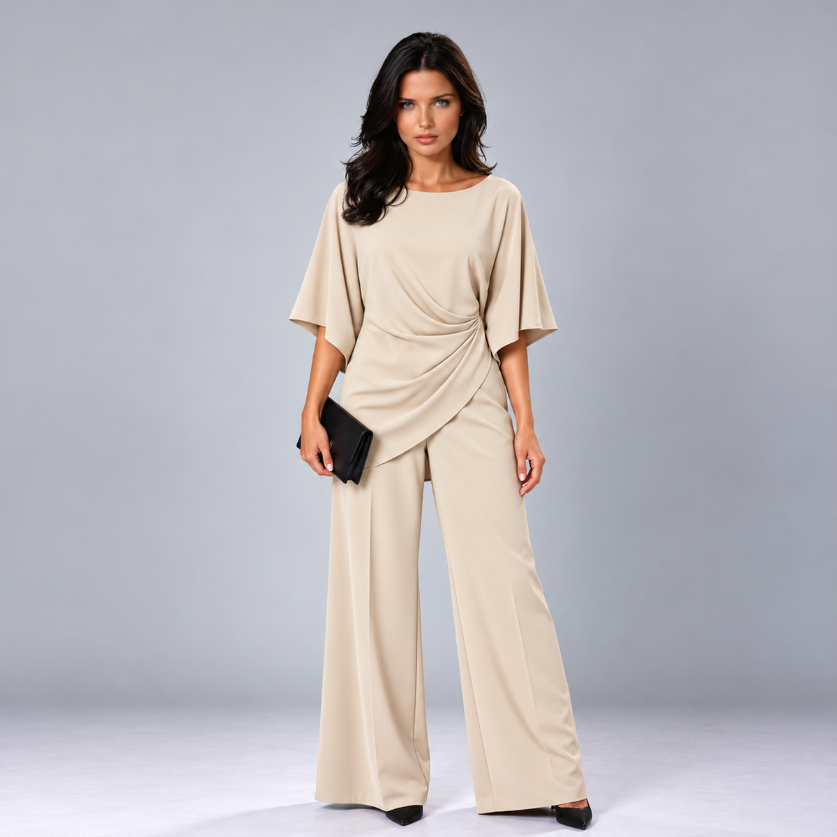 Loretta draped waist two-piece set in beige