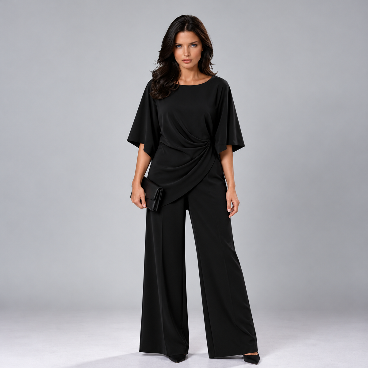 Loretta draped waist two-piece set in black