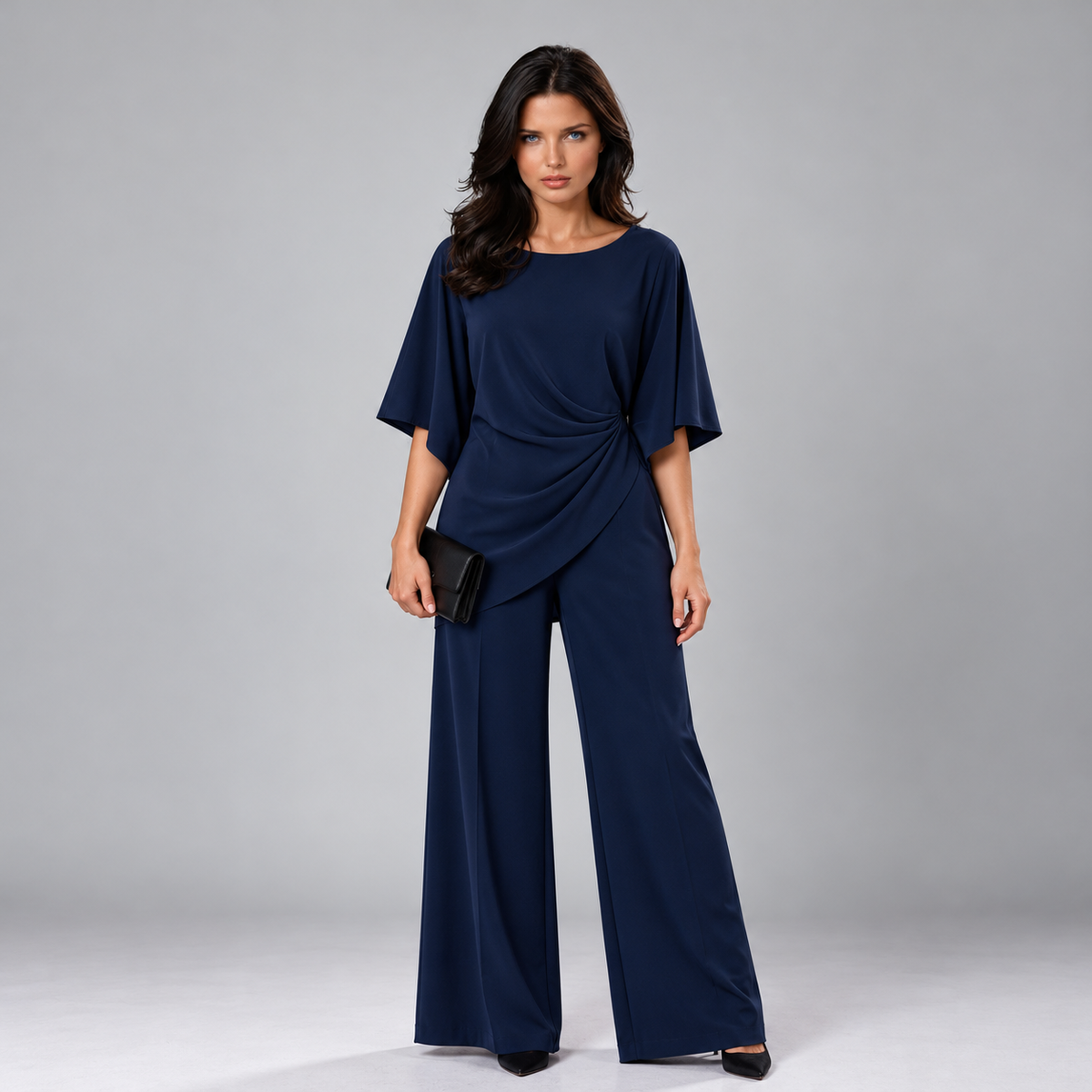 Loretta draped waist two-piece set in navy blue