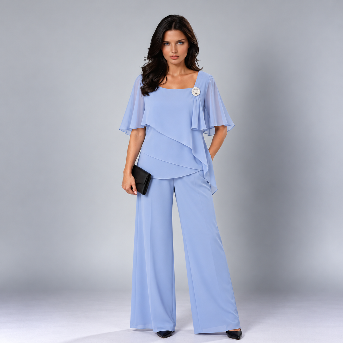 Marisol flutter-sleeve two-piece set in light blue