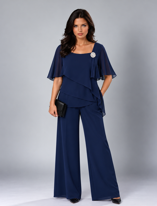 Marisol flutter-sleeve two-piece set in navy blue