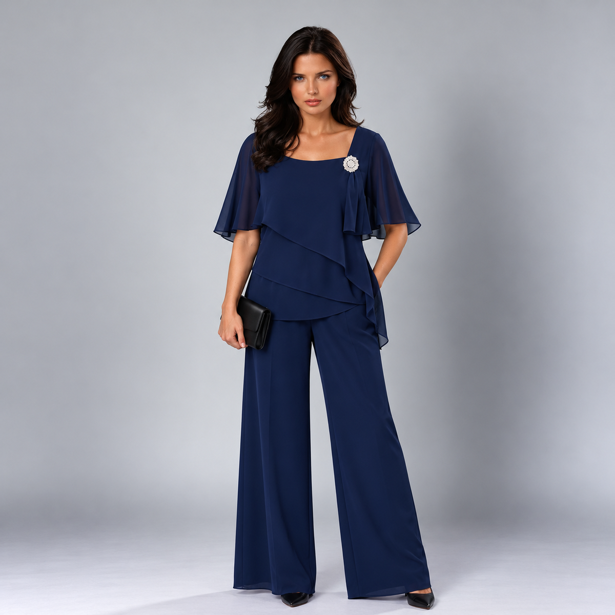 Marisol flutter-sleeve two-piece set in navy blue