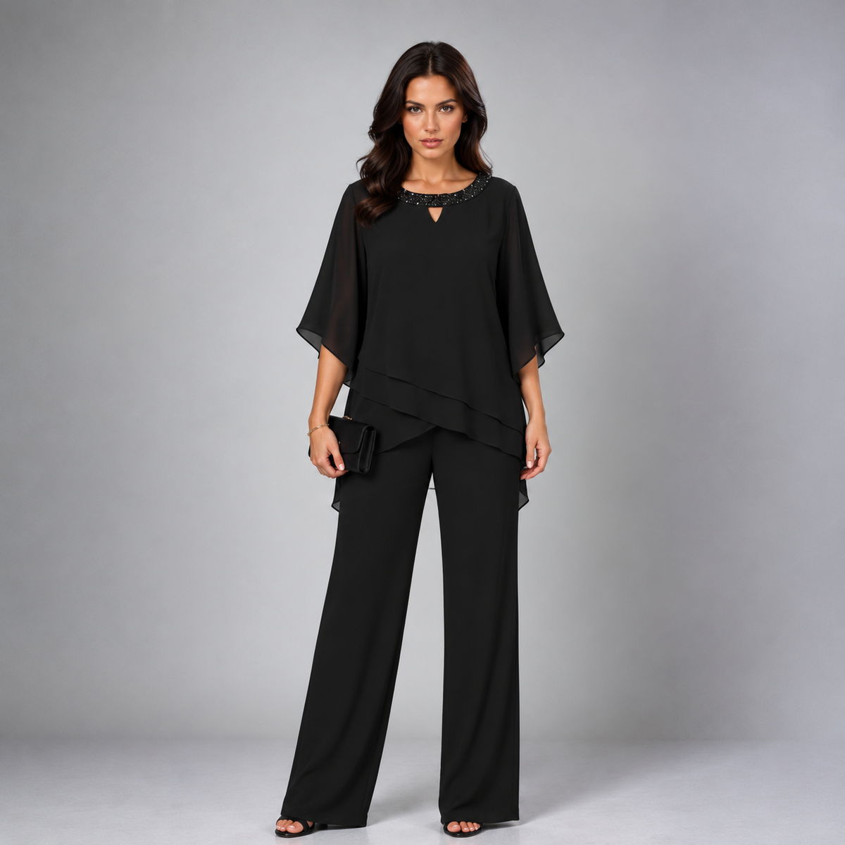 Rosamund tiered chiffon two-piece set in black
