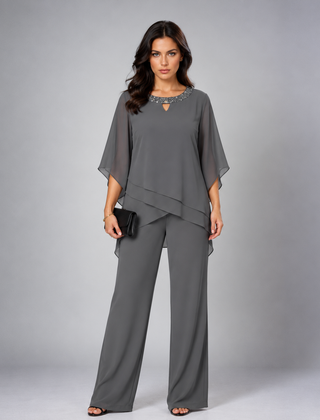 Rosamund tiered chiffon two-piece set in dark gray