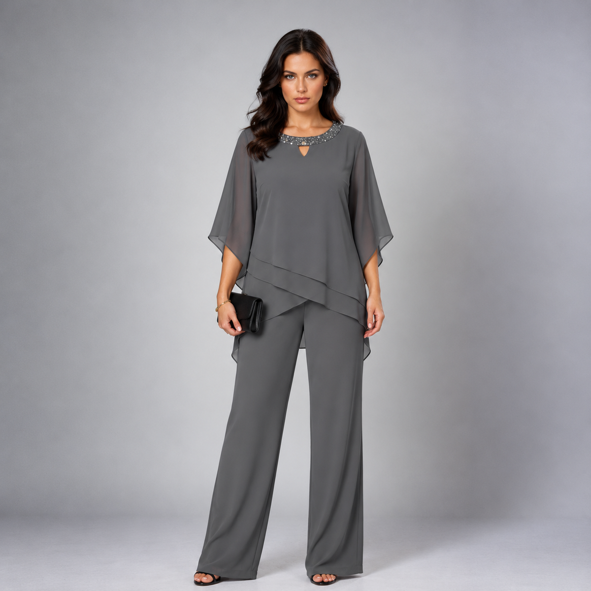 Rosamund tiered chiffon two-piece set in dark gray